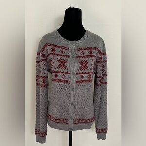 Elegant Gray and Red Patterned Women's Cardigan